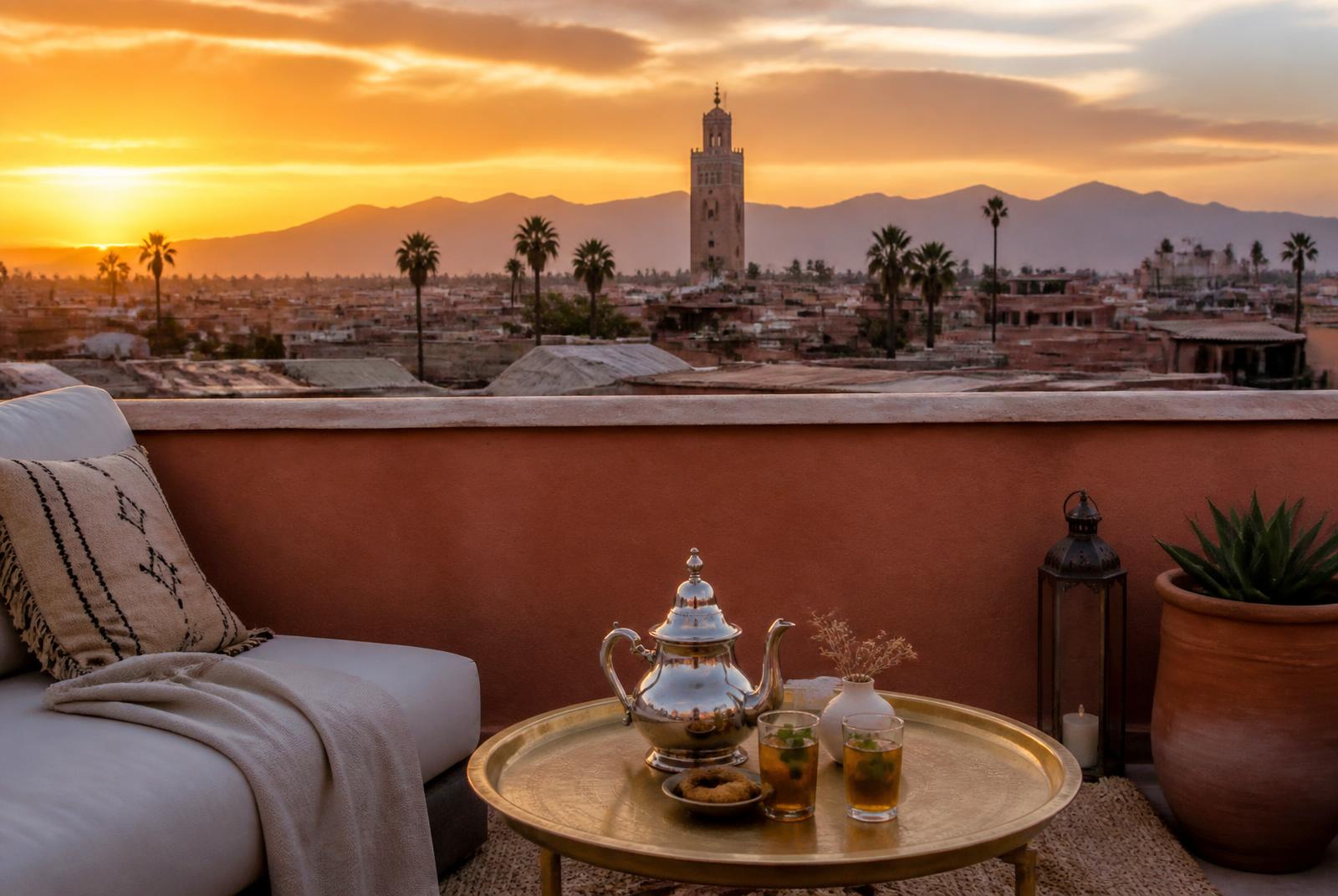 Rooftop terrace in the Marrakech medina at sunset with a silver teapot, mint tea and the Koutoubia minaret behind