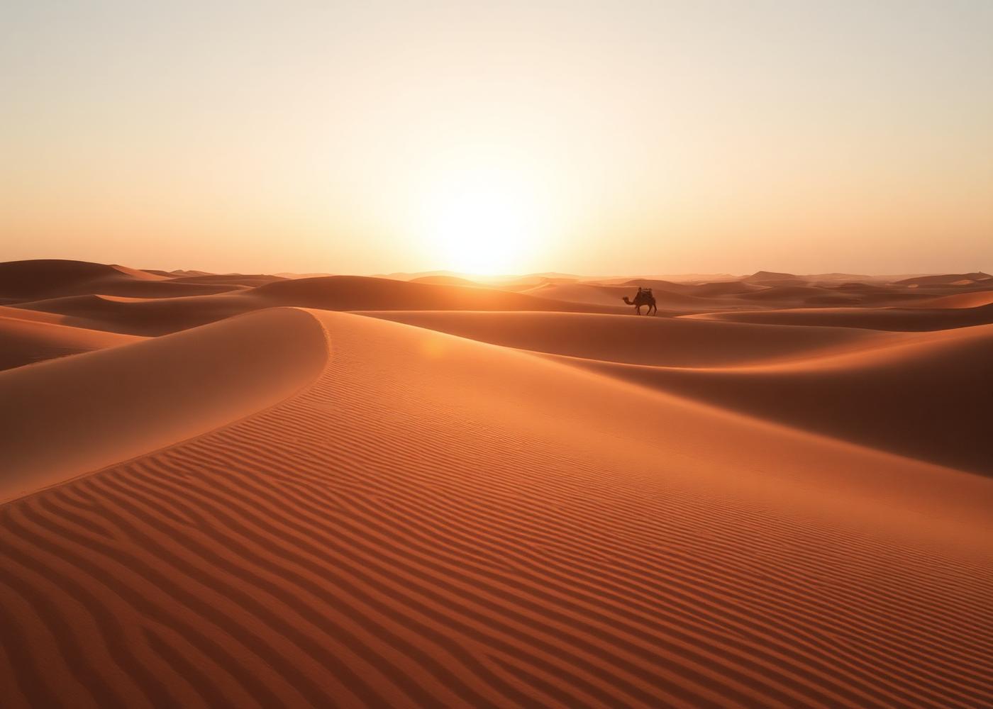 Wschód słońca nad wydmami Erg Chebbi na marokańskiej Saharze, na grzbiecie karawana wielbłądów
